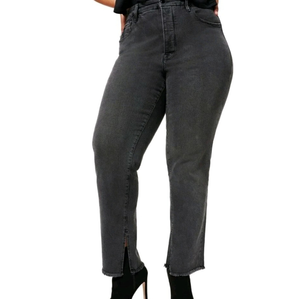Good American Women's Good Boy washed Black Slit Leg Jean Size 4 27x32 Raw Hem